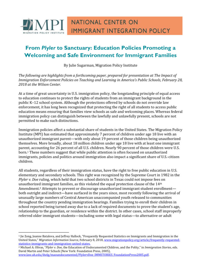 From Plyler to Sanctuary: Education Policies Promoting a Welcoming and Safe Environment for Immigrant Families